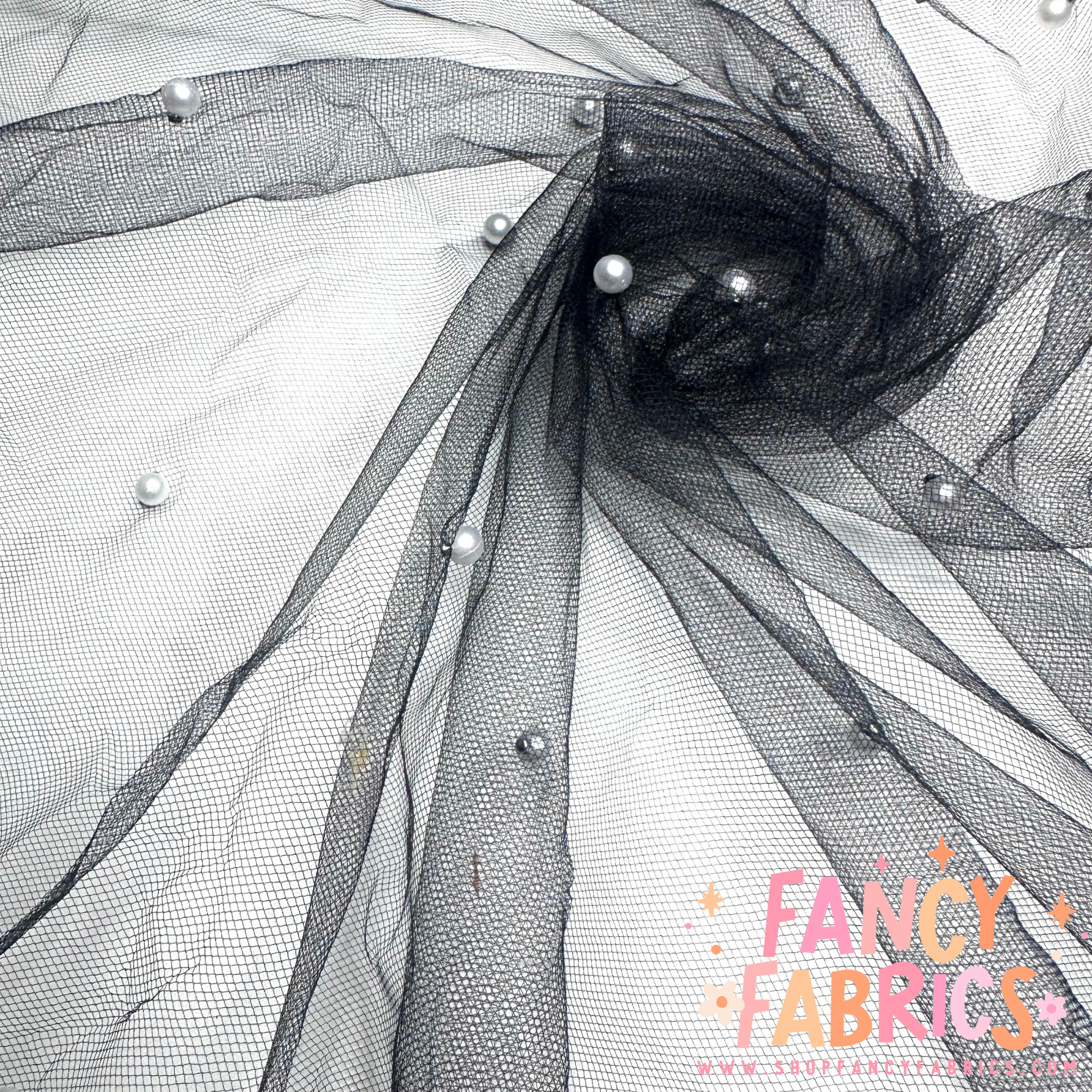 Black (White Pearls) | Pearl Mesh | Ready To Ship