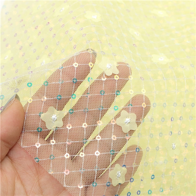 Yellow | 3D Plaid Floral Sequin Mesh | Ready To Ship