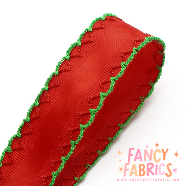 Red (Green Trim) | 1" Single Sided | Satin Grosgrain Ribbon | Ready To Ship