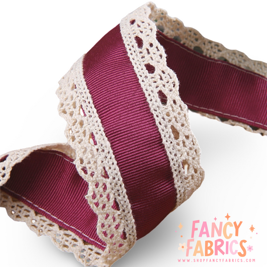 Wine | 1.5" Single Sided | Lace Grosgrain Ribbon | Ready To Shipi