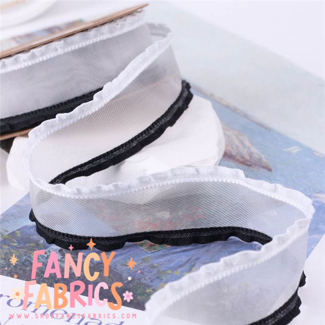 White + Black | 1.5" Width | Ruffle Mesh Ribbon | Ready To Ship