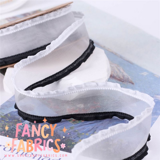 White + Black | 1.5" Width | Ruffle Mesh Ribbon | Ready To Ship