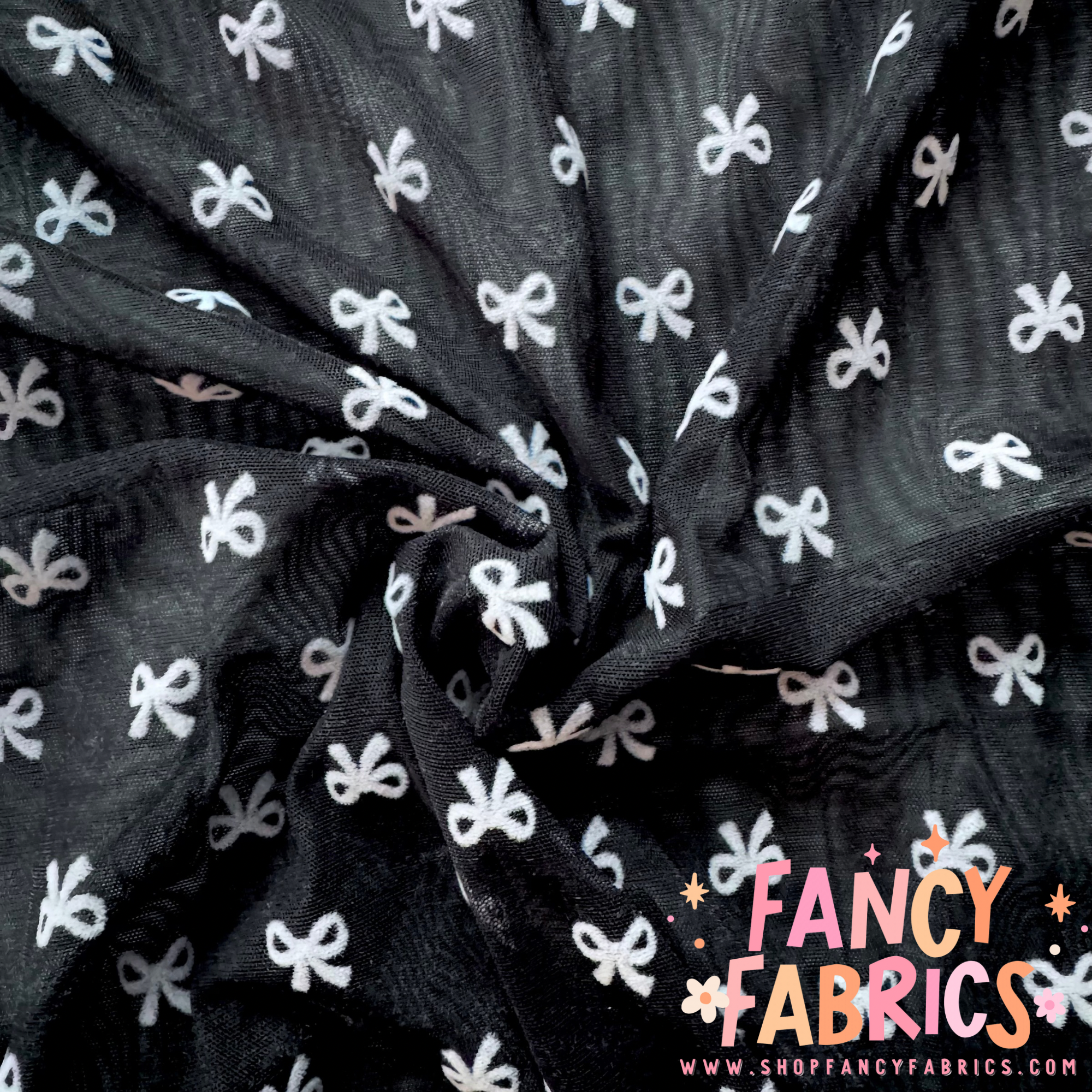 Flocked Bows (Black + White/Baby Pink Bows) | Stretch Mesh | Ready To ...