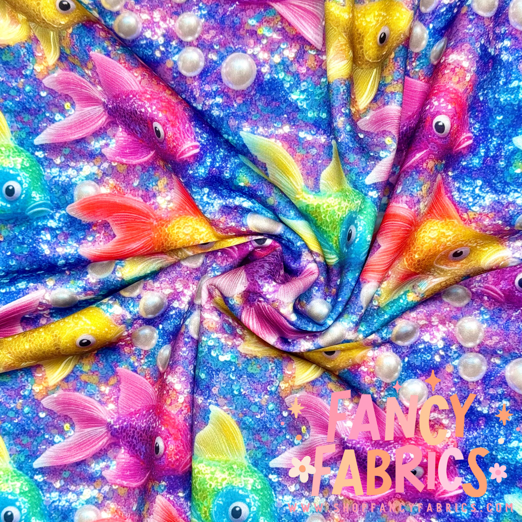 Glitter Fish swim fabric ready to ship