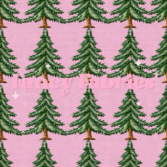 Embroidered Christmas Trees (Pink) | PREORDER | By The Yard