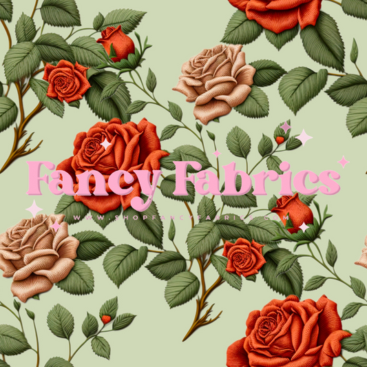 Embroidered Roses (Green) | PREORDER | By The Yard
