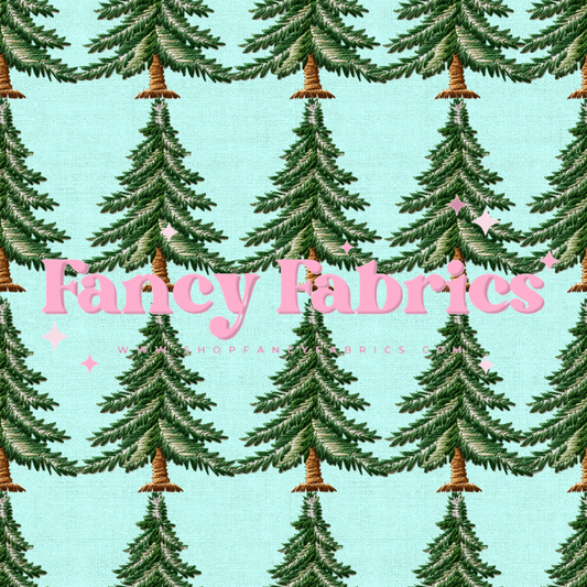 Embroidered Christmas Trees (Aqua) | PREORDER | By The Yard