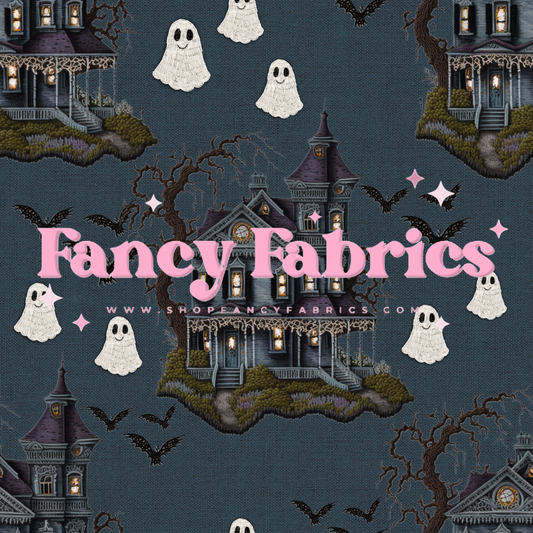 Haunted House Embroidery (Black) | PREORDER | By The Yard