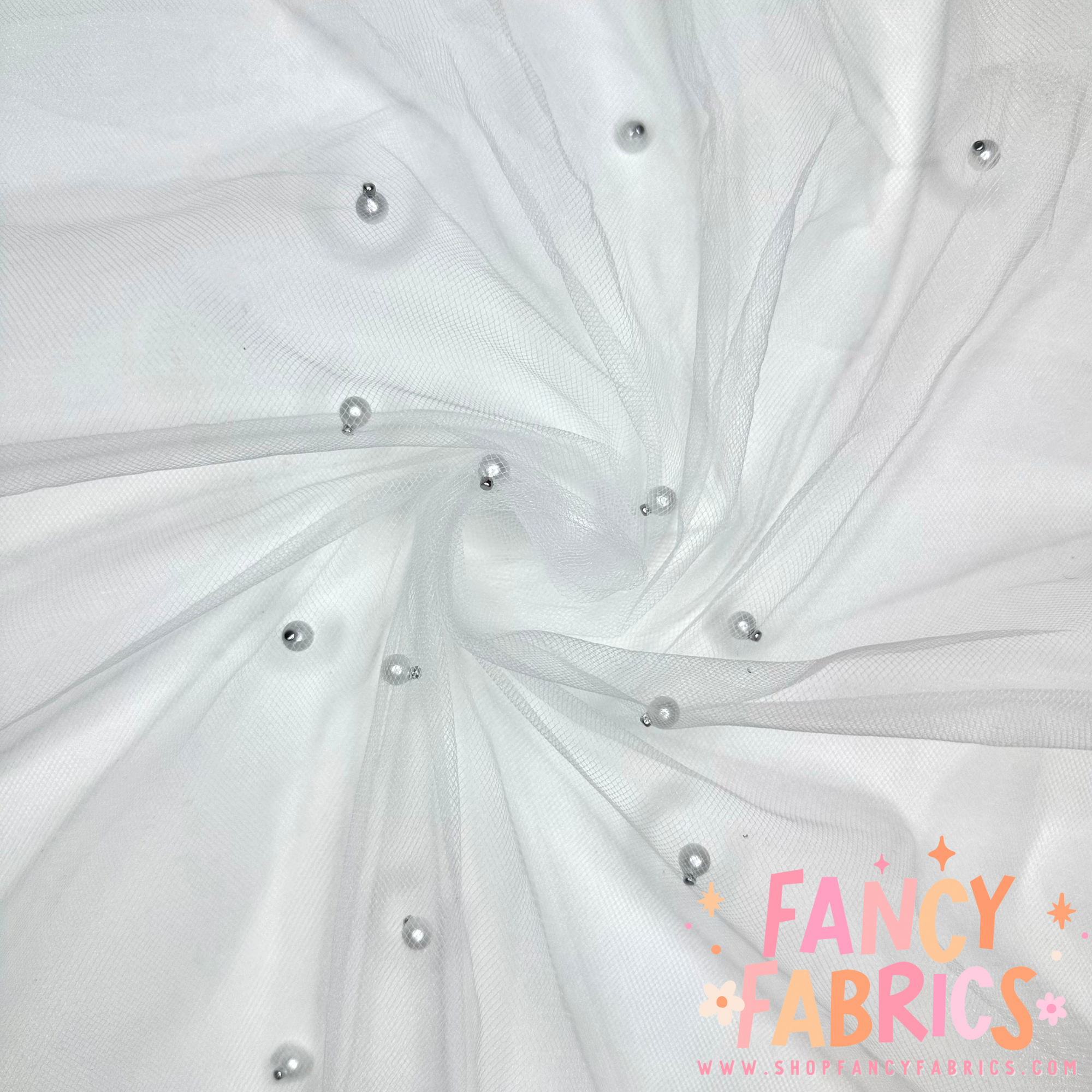 white pearl mesh ready to ship fabric