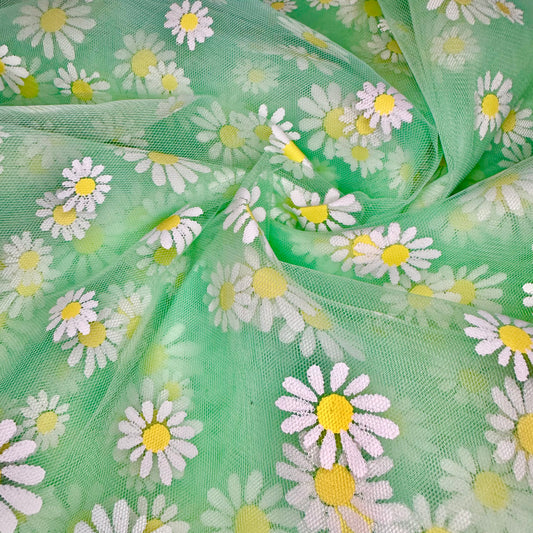 stamped daisy green mesh ready to ship fabric
